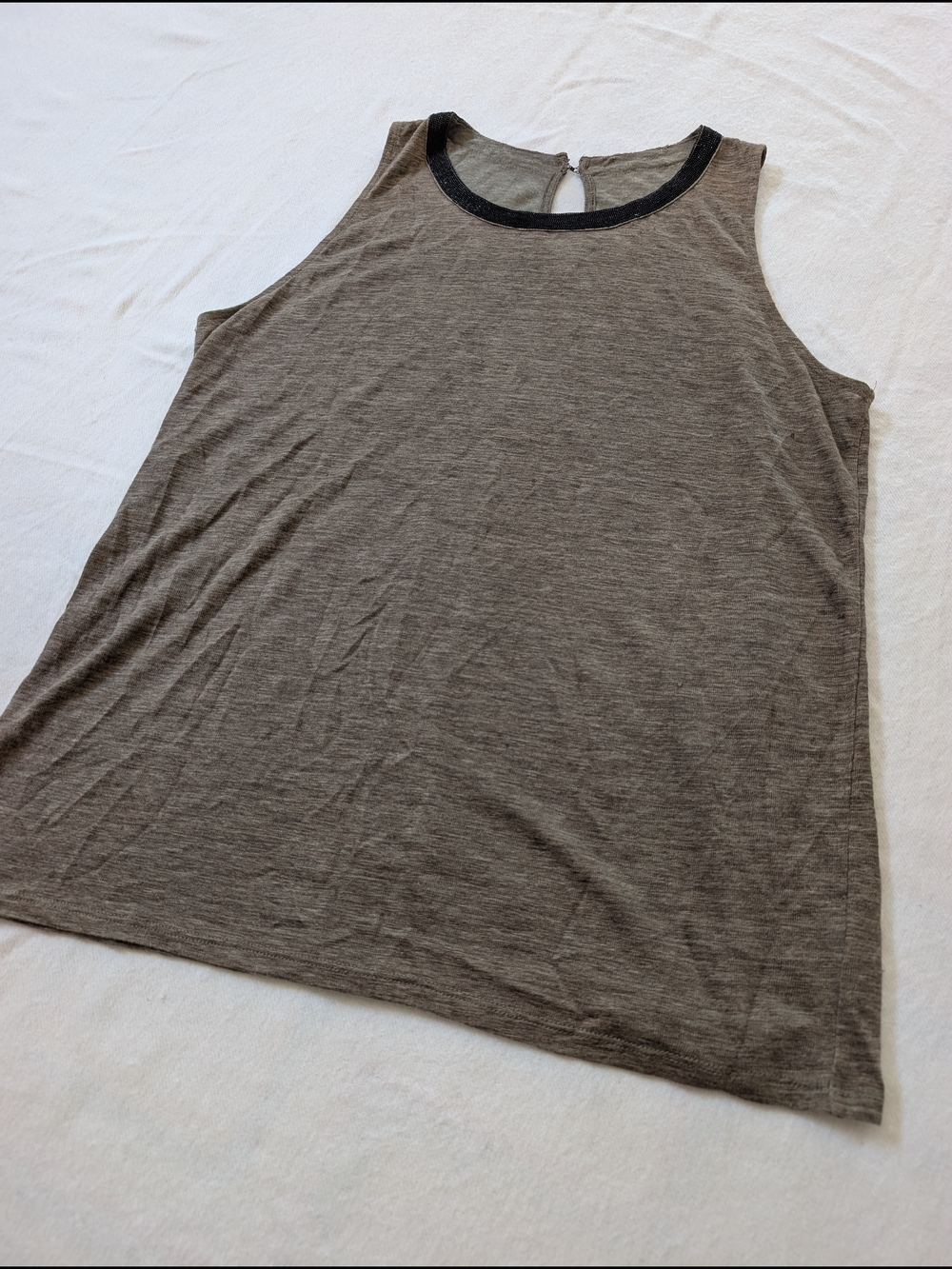 100% Linen Taupe Knit Tank with Black Beaded Trim
